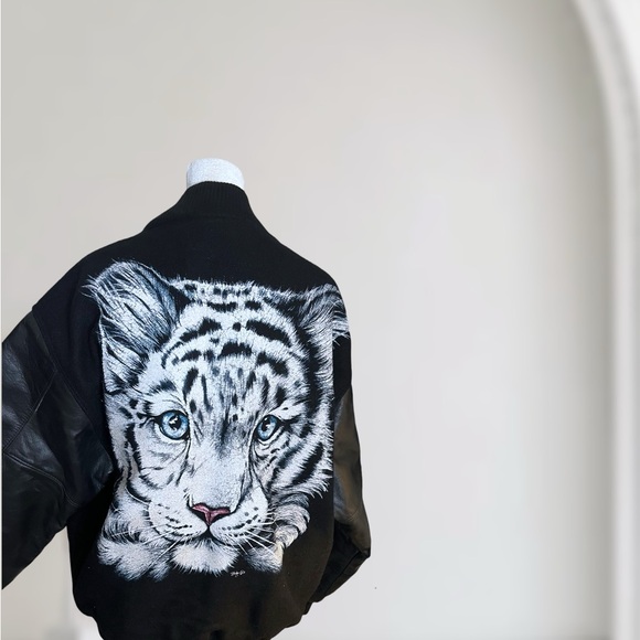Vintage Steer Brand Varsity Jacket L White Tiger Graphic Leather Sleeves